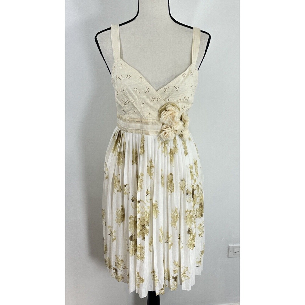 Deletta Anthropologie Womens Floral Pleated Sleeveless Dress Beige Cream Sz Med